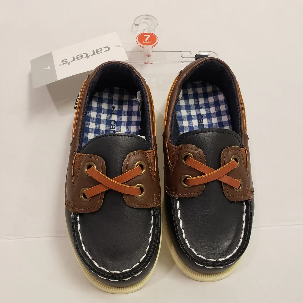 NEW Carters Navy & Brown Boat Shoes Slip On Loafers Toddler Boys Size 7c